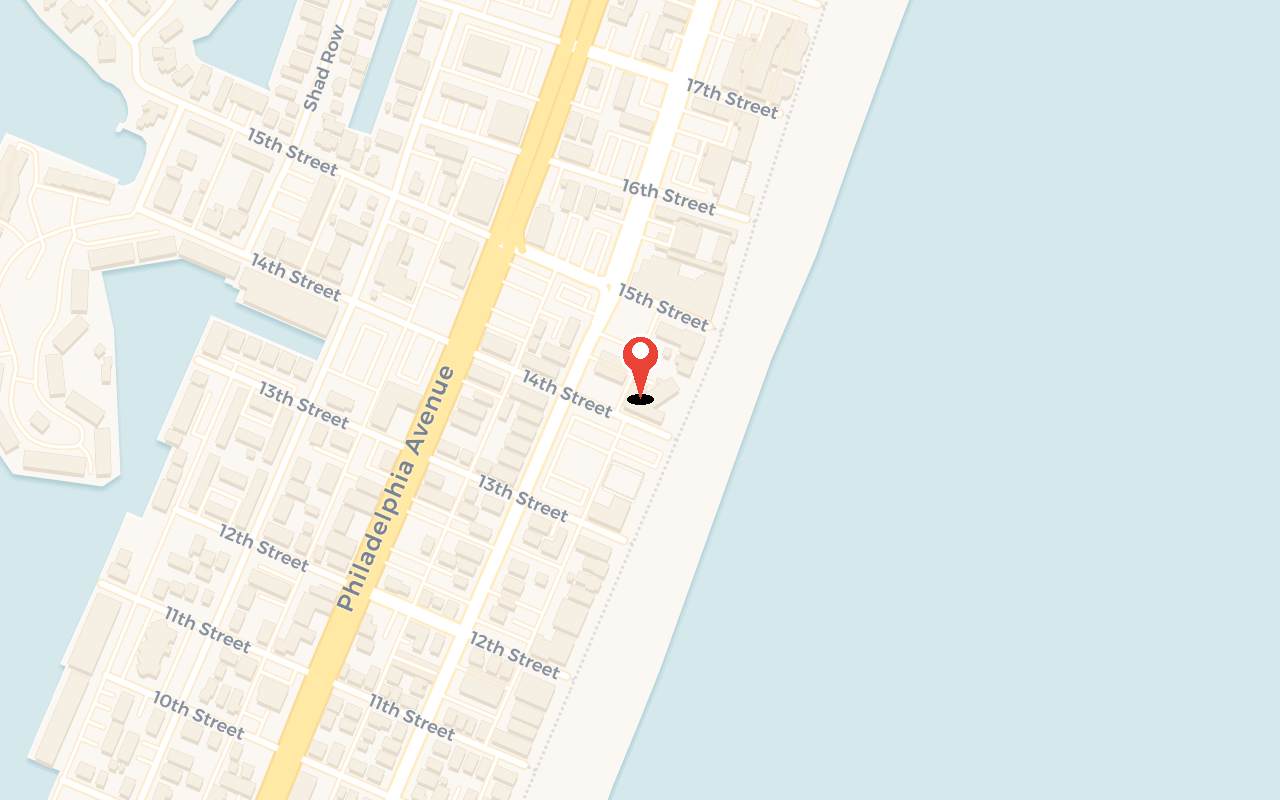 Map showing bai-tee at 1401 Atlantic Ave, Ocean City, MD — one block from the boardwalk and beach