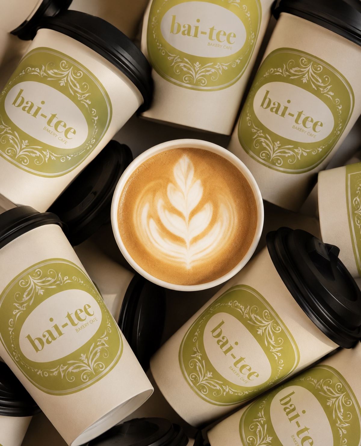 A latte surrounded by bai-tee to-go cups