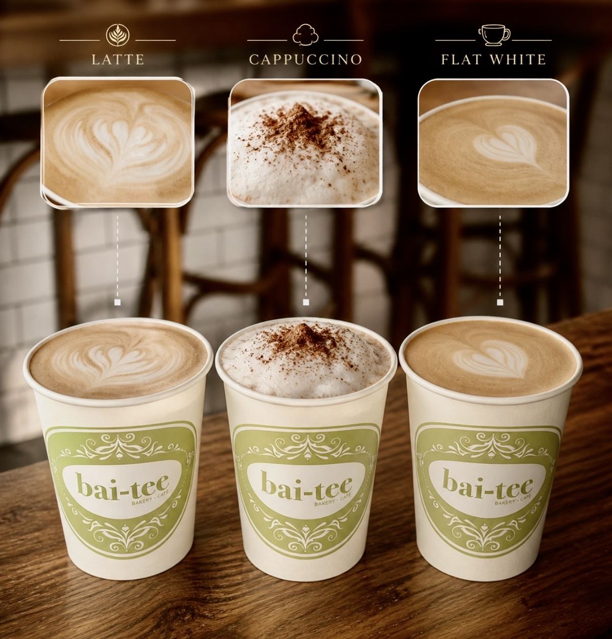 A latte, a cappuccino and a flat white in bai-tee cups